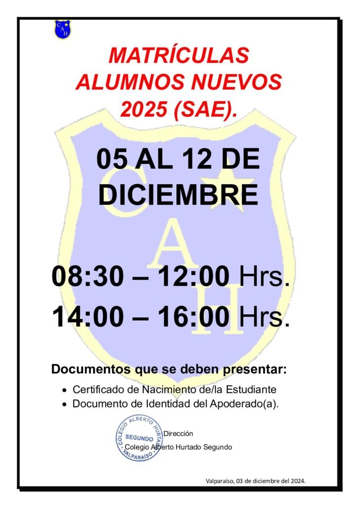 Horario de Matrícula alumnos nuevos 2025